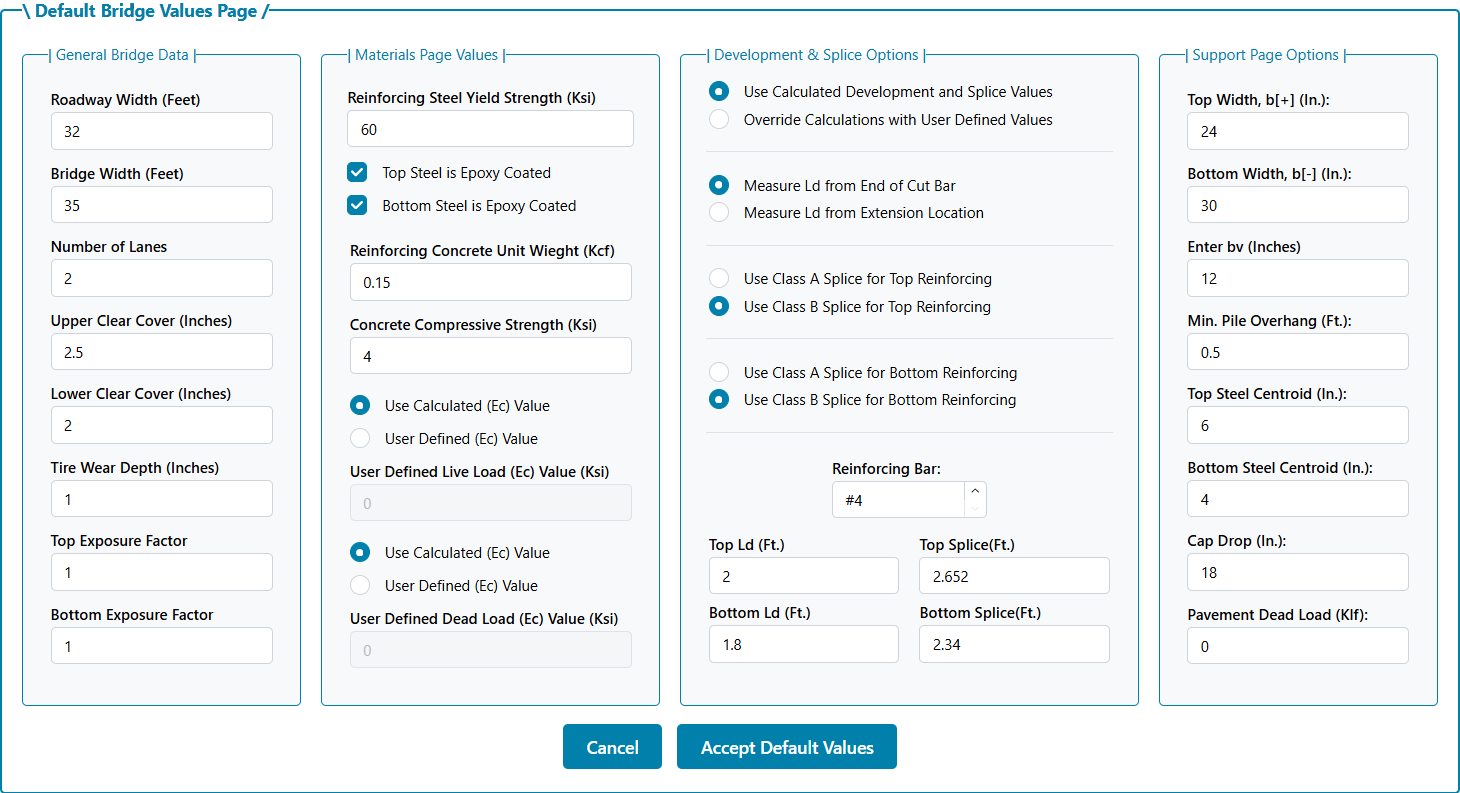 Default Bridge Values