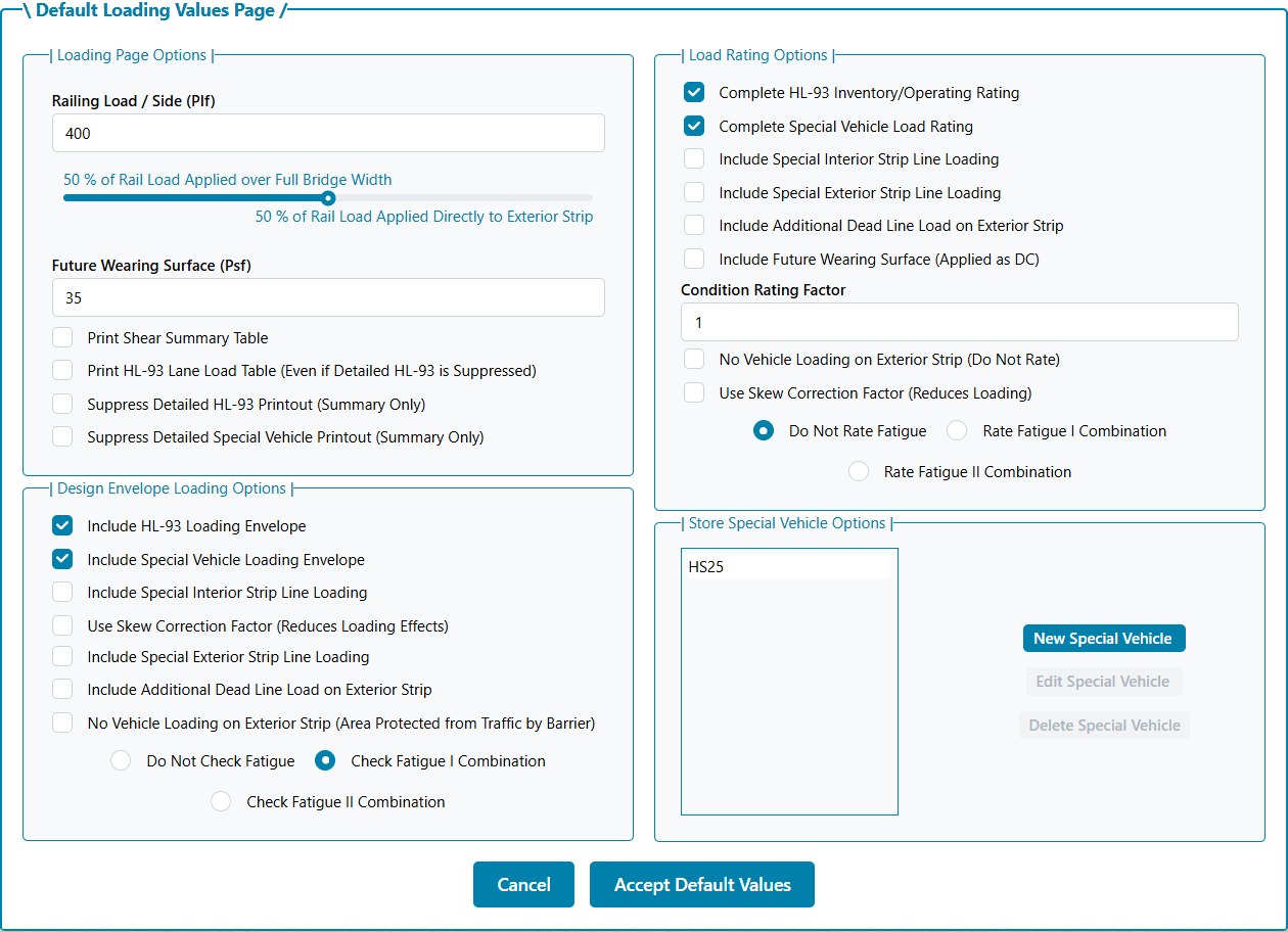 Default Loading Values